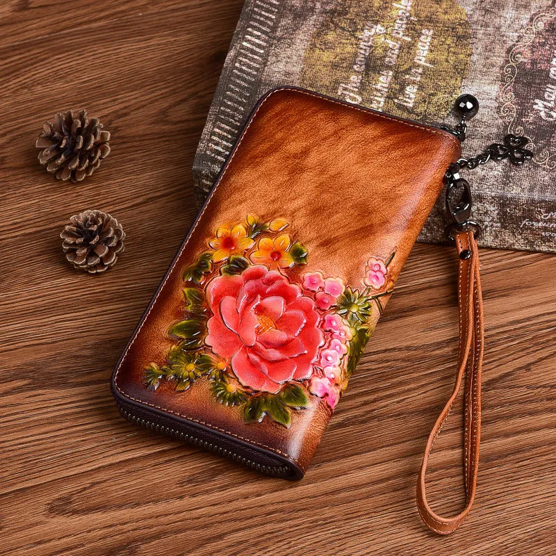 Vintage Flowers Red Leather Wristlet Wallet Womens Zip Around Wallets Flowers Ladies Zipper Clutch Wallet for Women