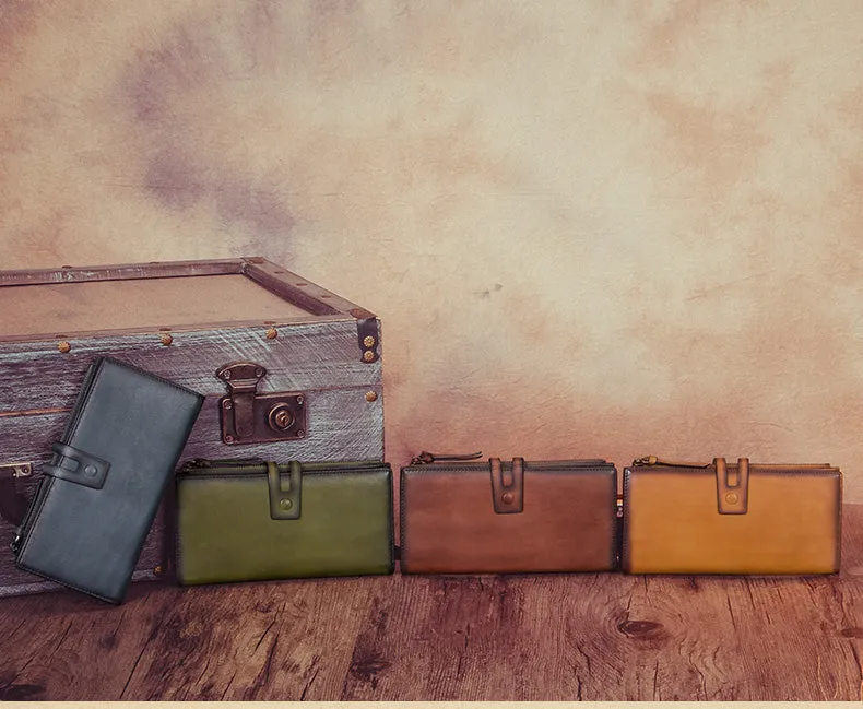 Vintage Gray Leather Wristlet Wallet Womens Wallet Bifold Long Clutch Wallet for Women