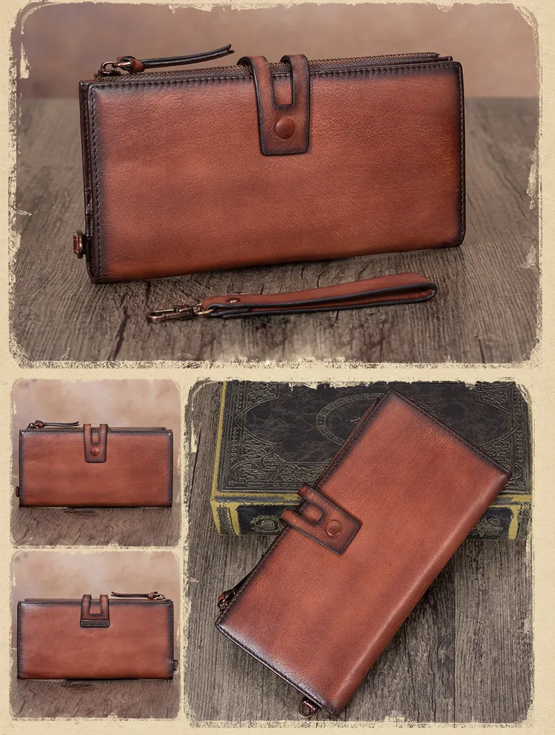Vintage Gray Leather Wristlet Wallet Womens Wallet Bifold Long Clutch Wallet for Women