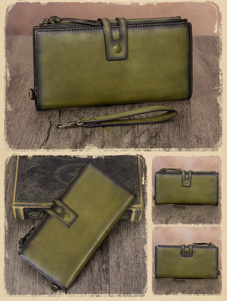 Vintage Gray Leather Wristlet Wallet Womens Wallet Bifold Long Clutch Wallet for Women