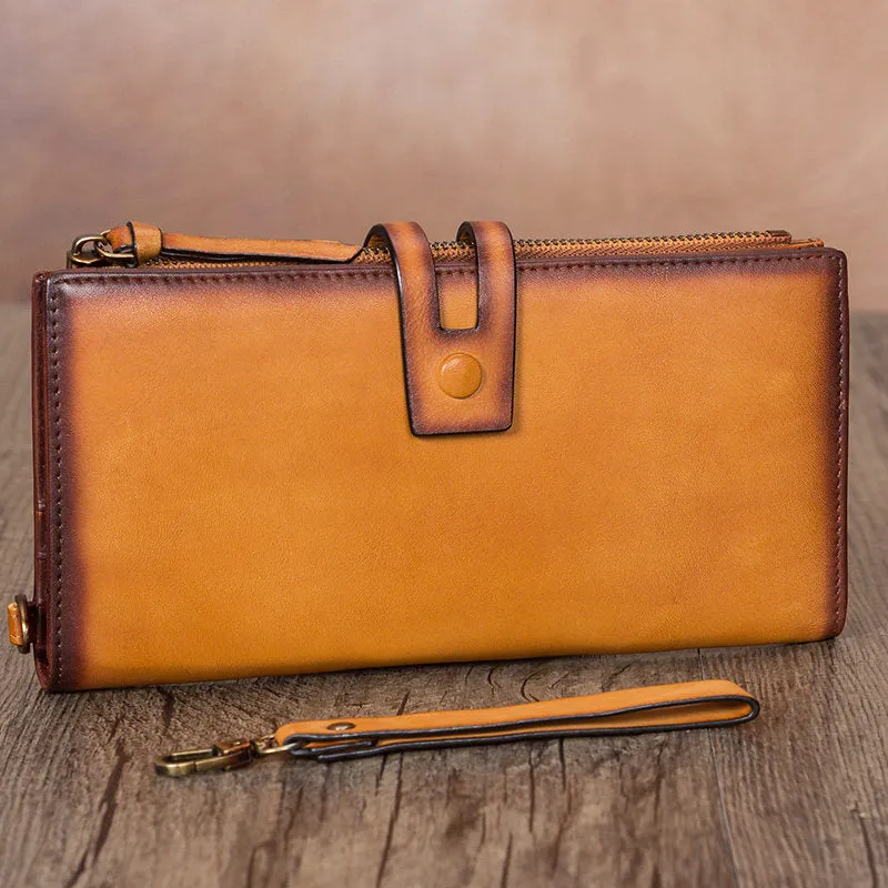 Vintage Gray Leather Wristlet Wallet Womens Wallet Bifold Long Clutch Wallet for Women