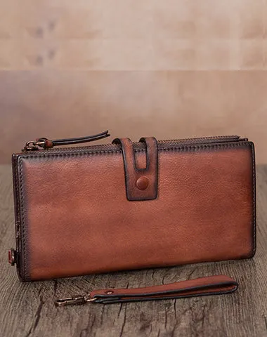 Vintage Gray Leather Wristlet Wallet Womens Wallet Bifold Long Clutch Wallet for Women