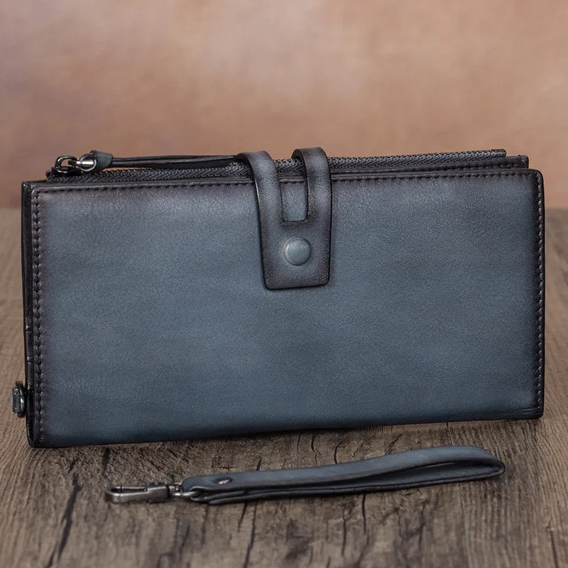 Vintage Gray Leather Wristlet Wallet Womens Wallet Bifold Long Clutch Wallet for Women