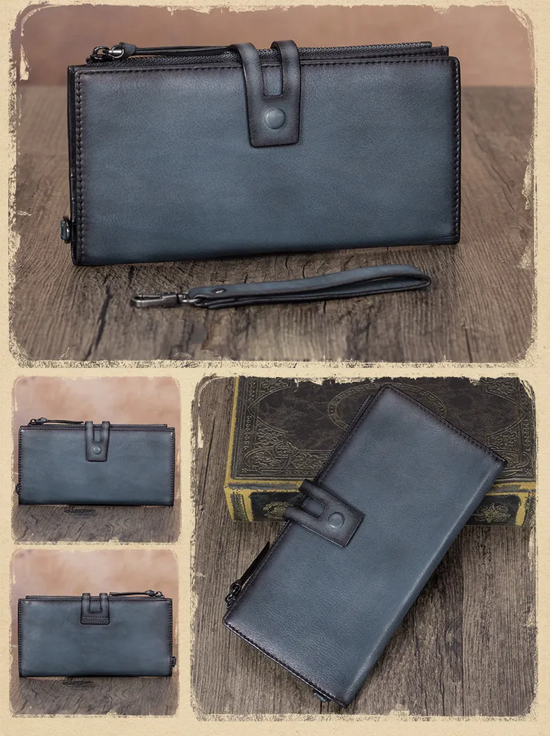 Vintage Gray Leather Wristlet Wallet Womens Wallet Bifold Long Clutch Wallet for Women