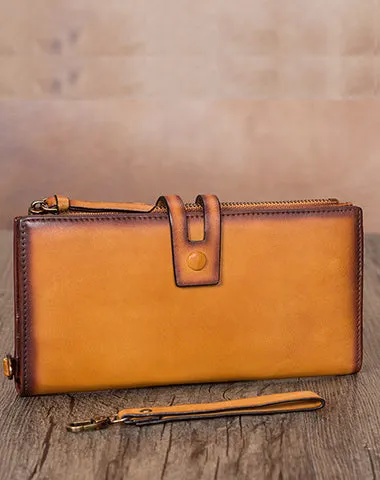 Vintage Gray Leather Wristlet Wallet Womens Wallet Bifold Long Clutch Wallet for Women