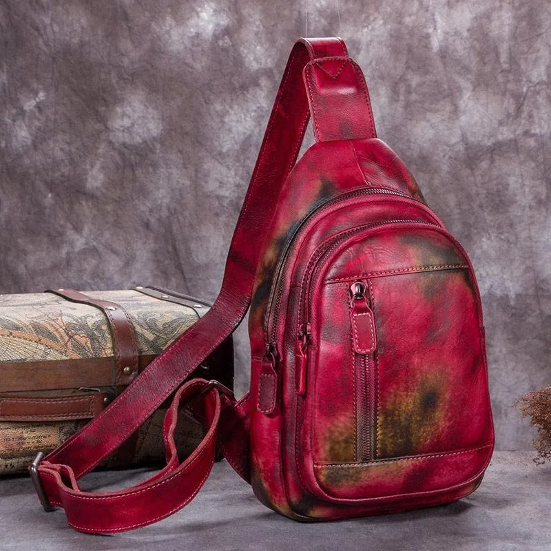 Vintage Gray Mens Leather Sling Bag Chest Bags Purses One Shoulder Backpack for Men