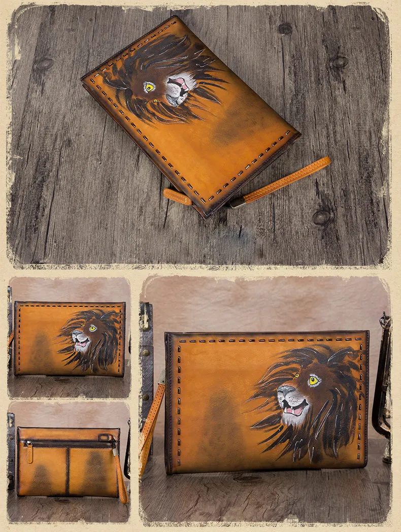 Vintage Handmade Tan Leather Wristlet Wallet Womens Dog Large Zip Purse Zipper Clutch Bag for Women