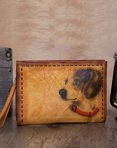Vintage Handmade Tan Leather Wristlet Wallet Womens Dog Large Zip Purse Zipper Clutch Bag for Women