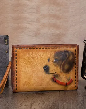 Vintage Handmade Tan Leather Wristlet Wallet Womens Dog Large Zip Purse Zipper Clutch Bag for Women