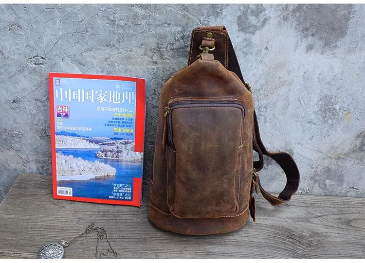 Vintage Large Brown Leather Mens Sling Bag Sling Pack Sling Backpack for Men