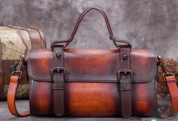 Vintage Leather Barrel Handbag Purse Shoulder Bag Crossbody Bag Purse For Women