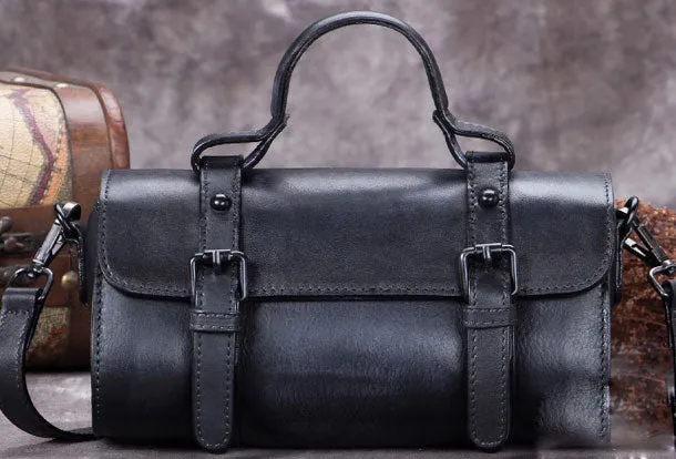 Vintage Leather Barrel Handbag Purse Shoulder Bag Crossbody Bag Purse For Women