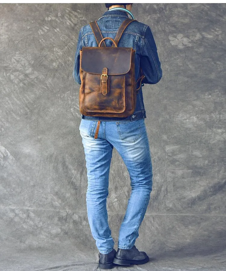 Vintage Leather Mens 13" Travel Backpack Brown College Laptop Backpack for Men