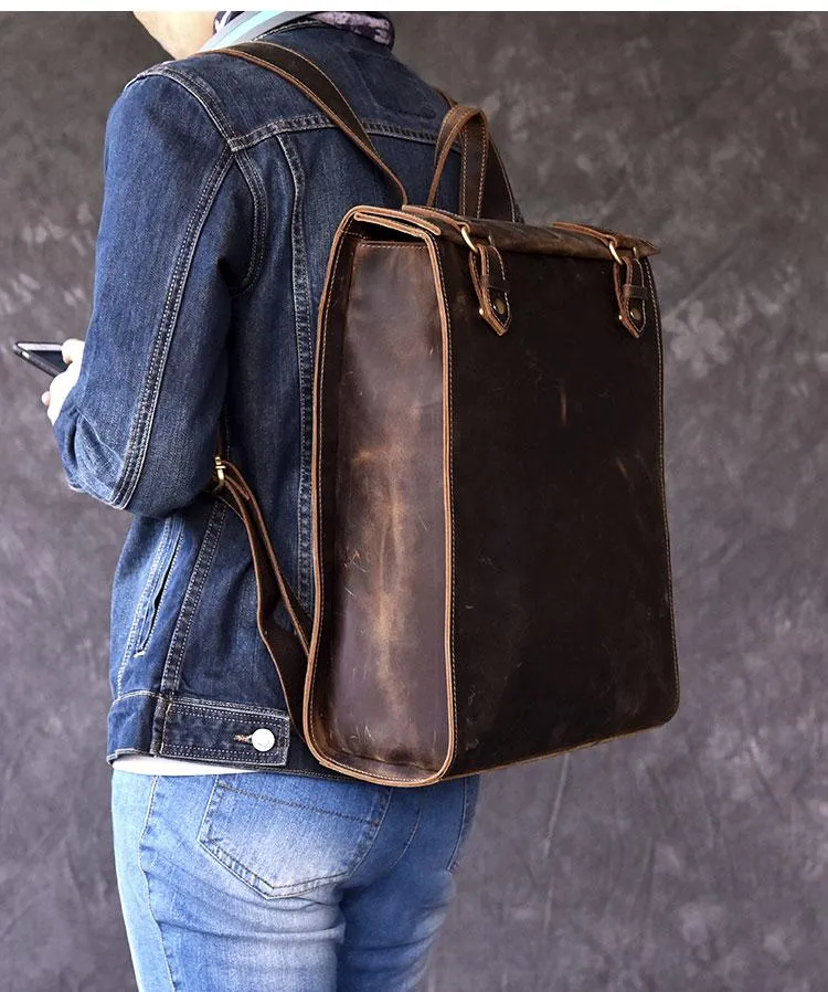 Vintage Leather Mens 14" Brown Computer Backpack Black Travel Backpack College Backpack for Men