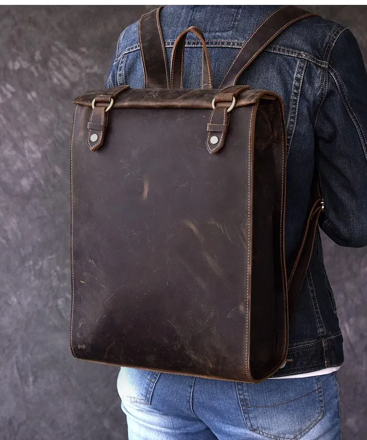 Vintage Leather Mens 14" Brown Computer Backpack Black Travel Backpack College Backpack for Men