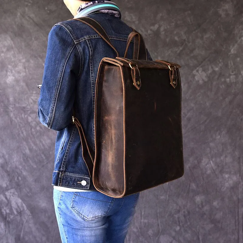 Vintage Leather Mens 14" Brown Computer Backpack Black Travel Backpack College Backpack for Men
