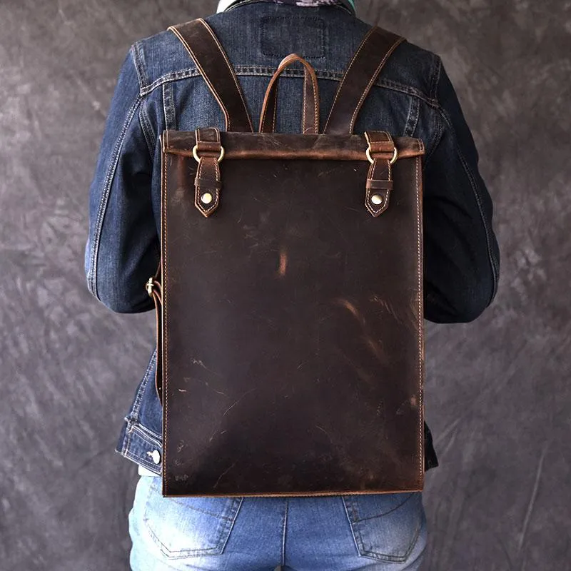 Vintage Leather Mens 14" Brown Computer Backpack Black Travel Backpack College Backpack for Men