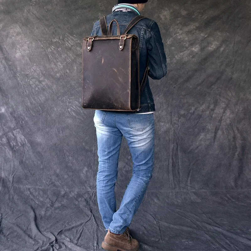 Vintage Leather Mens 14" Brown Computer Backpack Black Travel Backpack College Backpack for Men