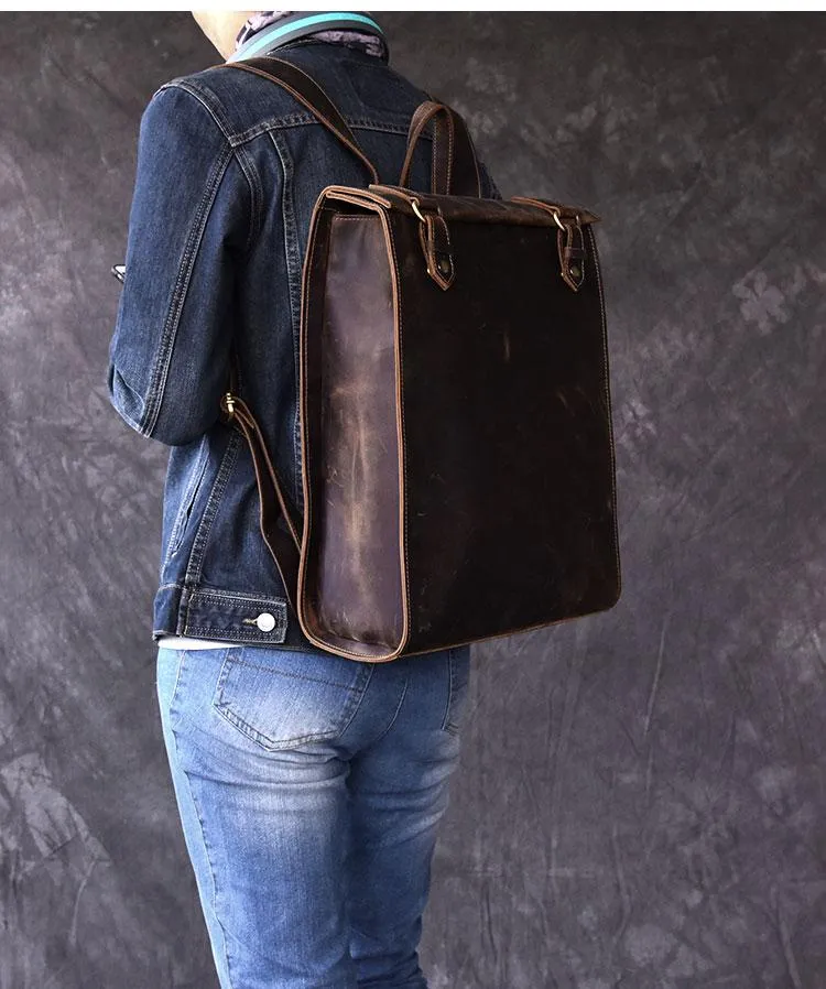 Vintage Leather Mens 14" Brown Computer Backpack Black Travel Backpack College Backpack for Men