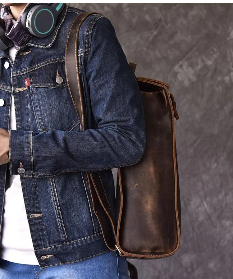 Vintage Leather Mens 14" Brown Computer Backpack Black Travel Backpack College Backpack for Men