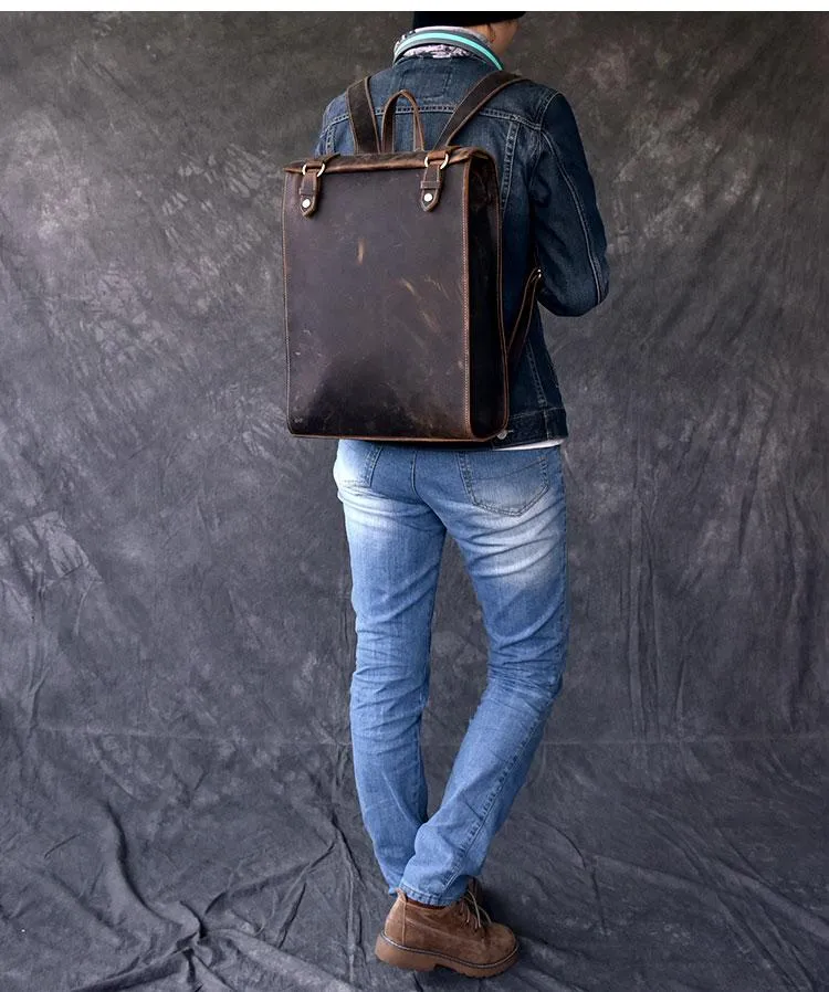 Vintage Leather Mens 14" Brown Computer Backpack Black Travel Backpack College Backpack for Men