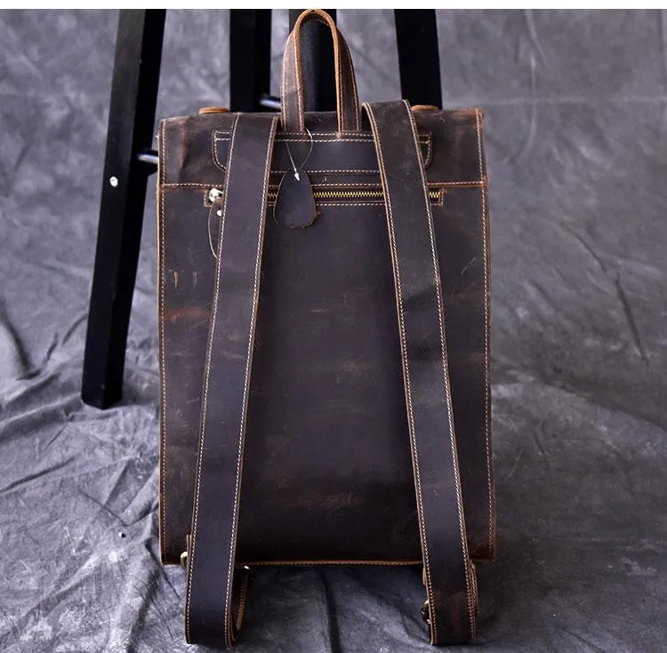 Vintage Leather Mens 14" Brown Computer Backpack Black Travel Backpack College Backpack for Men