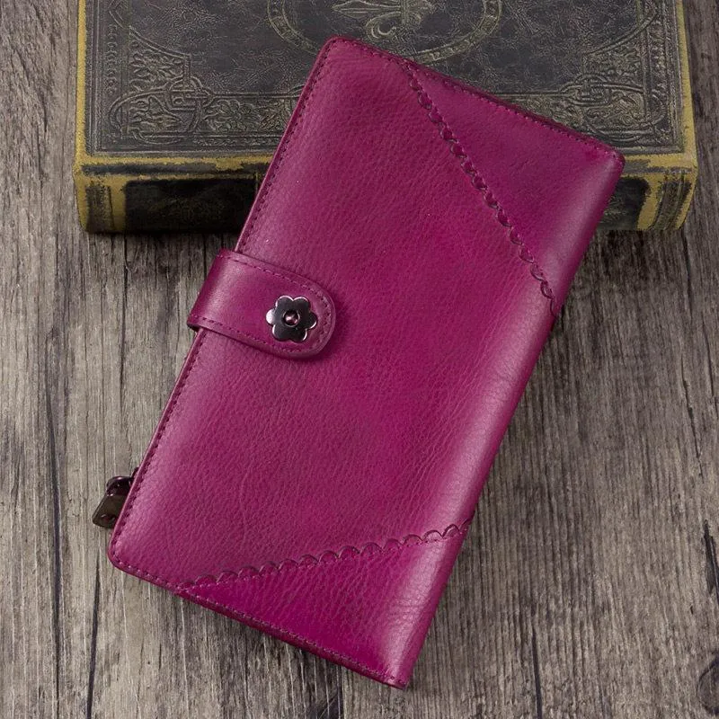Vintage Leather Womens Blue Long Clutch Wallet Brown Bifold Purse Long Wallet for Ladies