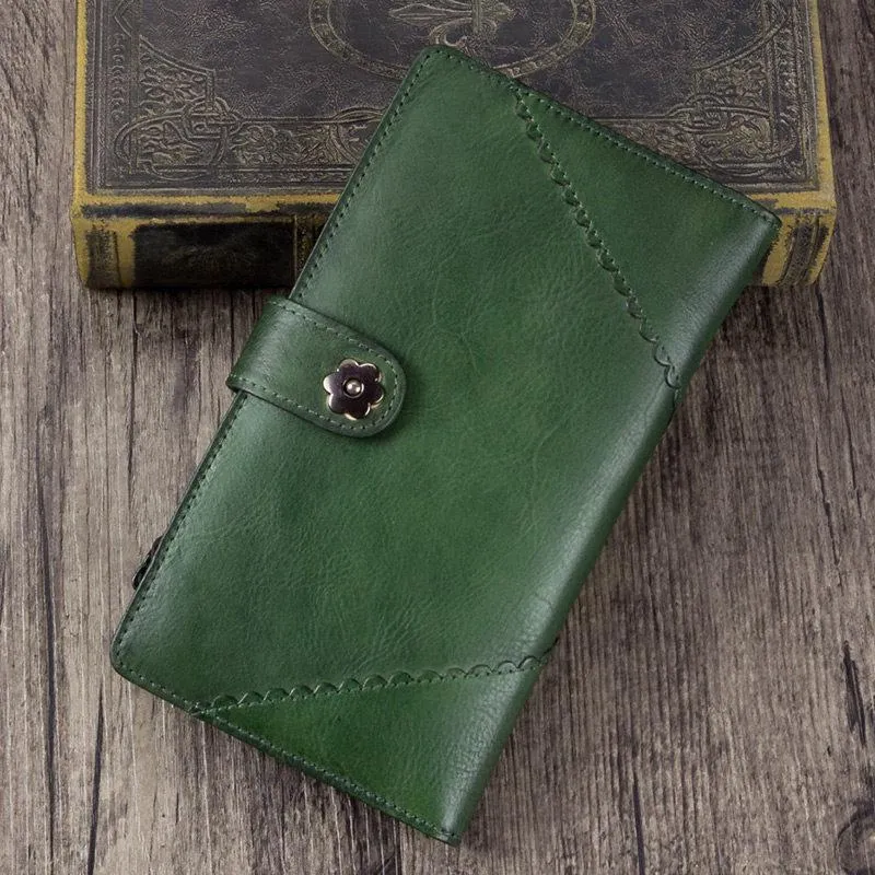 Vintage Leather Womens Blue Long Clutch Wallet Brown Bifold Purse Long Wallet for Ladies