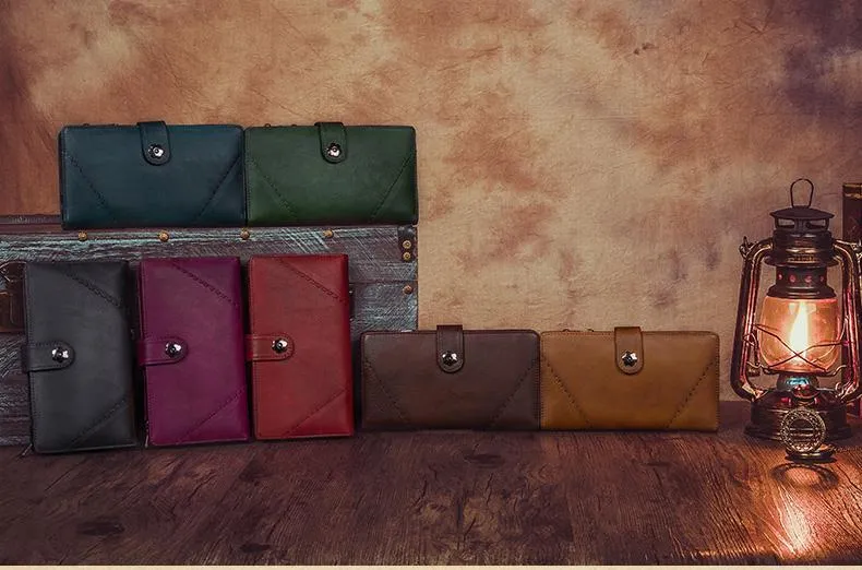 Vintage Leather Womens Blue Long Clutch Wallet Brown Bifold Purse Long Wallet for Ladies