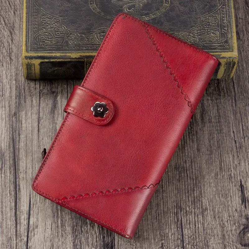 Vintage Leather Womens Blue Long Clutch Wallet Brown Bifold Purse Long Wallet for Ladies