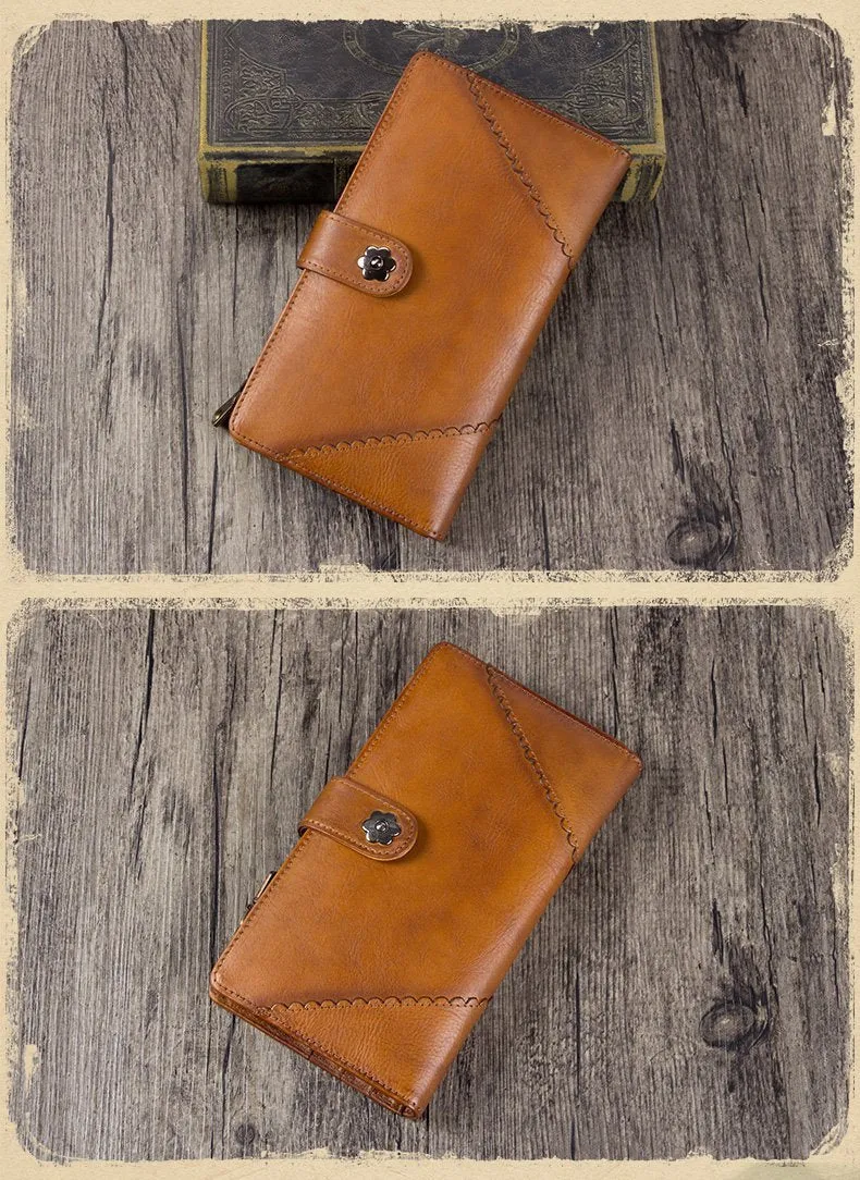 Vintage Leather Womens Blue Long Clutch Wallet Brown Bifold Purse Long Wallet for Ladies