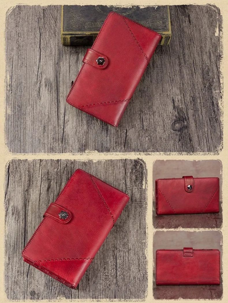 Vintage Leather Womens Blue Long Clutch Wallet Brown Bifold Purse Long Wallet for Ladies