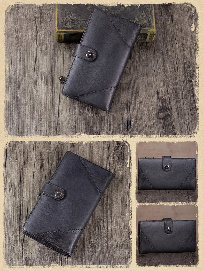Vintage Leather Womens Blue Long Clutch Wallet Brown Bifold Purse Long Wallet for Ladies