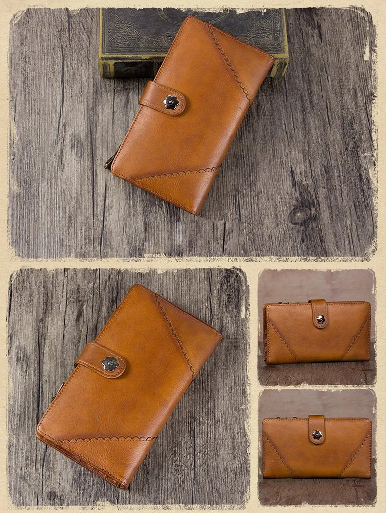 Vintage Leather Womens Blue Long Clutch Wallet Brown Bifold Purse Long Wallet for Ladies