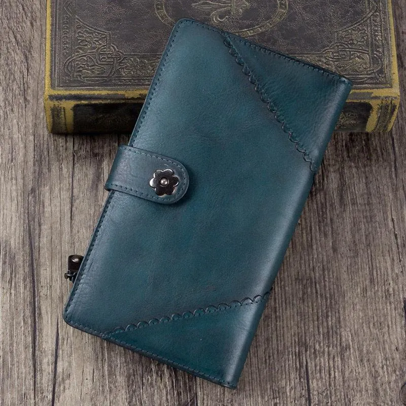 Vintage Leather Womens Blue Long Clutch Wallet Brown Bifold Purse Long Wallet for Ladies