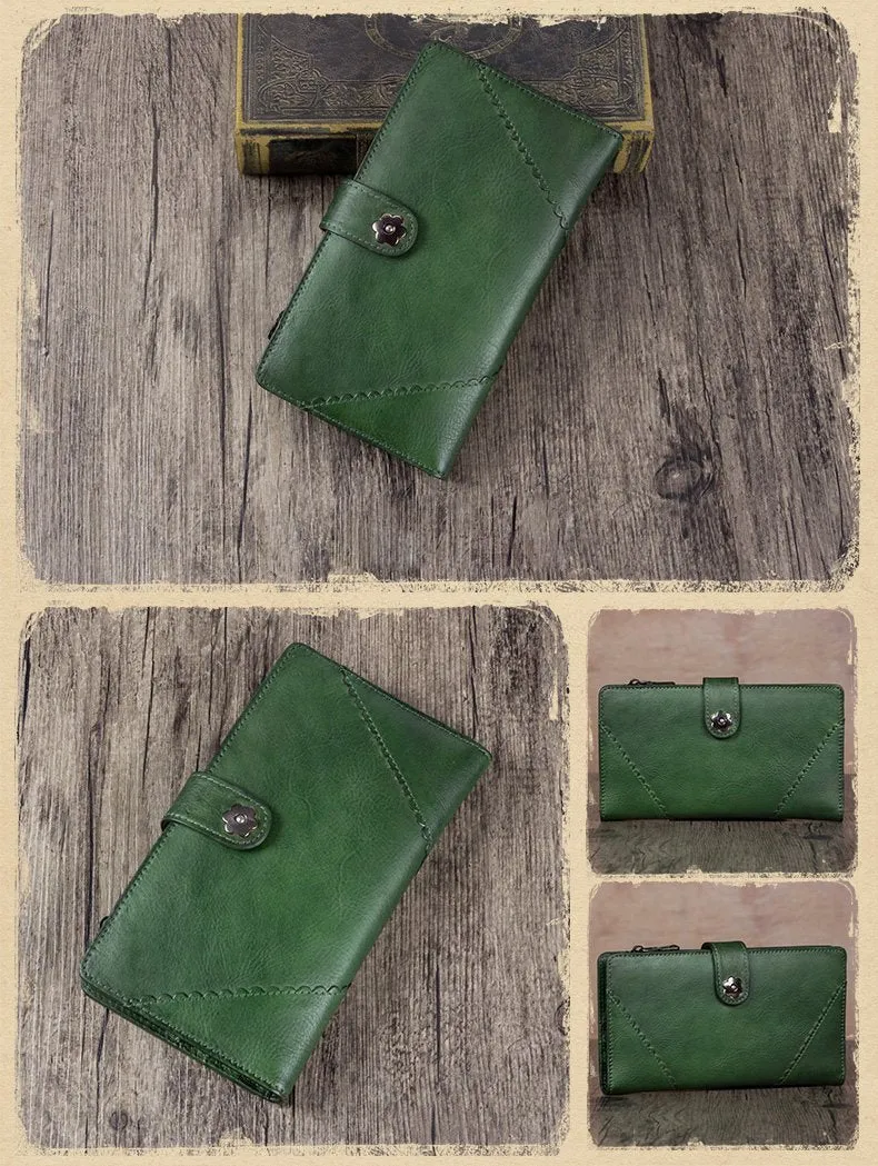 Vintage Leather Womens Blue Long Clutch Wallet Brown Bifold Purse Long Wallet for Ladies