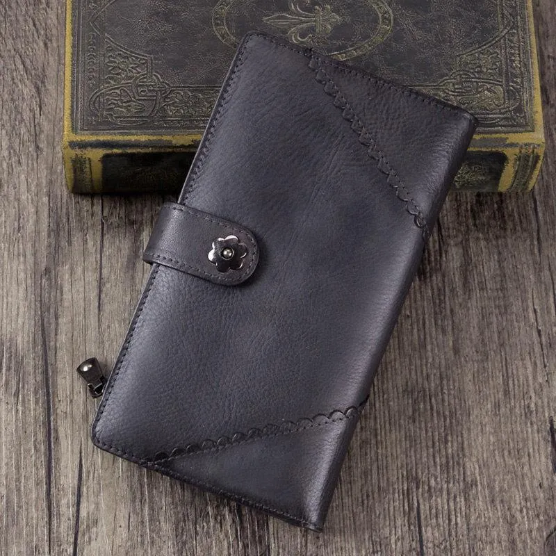 Vintage Leather Womens Blue Long Clutch Wallet Brown Bifold Purse Long Wallet for Ladies