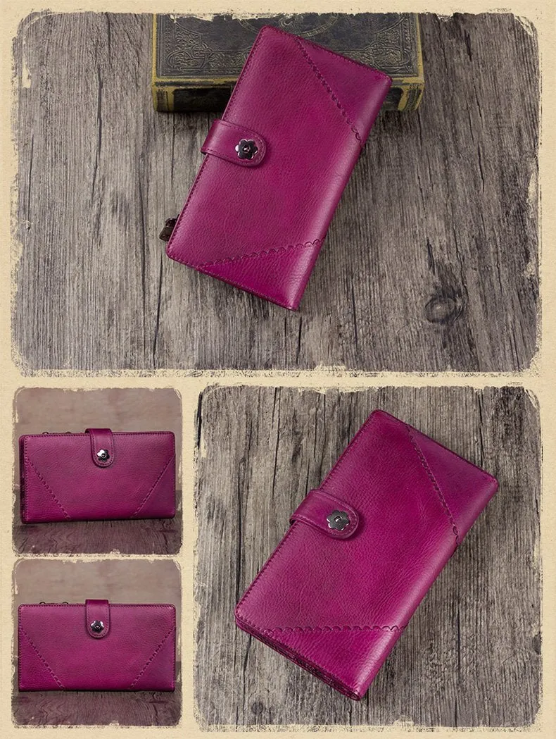 Vintage Leather Womens Blue Long Clutch Wallet Brown Bifold Purse Long Wallet for Ladies