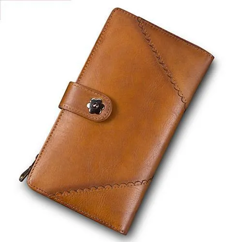 Vintage Leather Womens Blue Long Clutch Wallet Brown Bifold Purse Long Wallet for Ladies