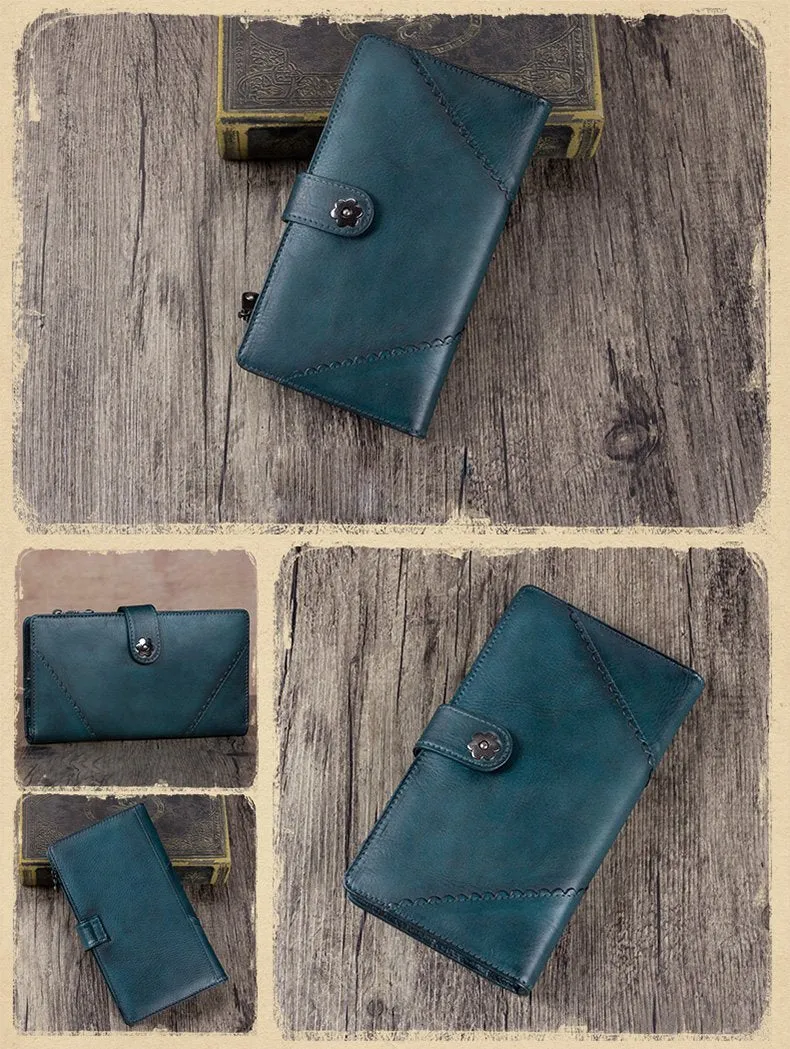 Vintage Leather Womens Blue Long Clutch Wallet Brown Bifold Purse Long Wallet for Ladies
