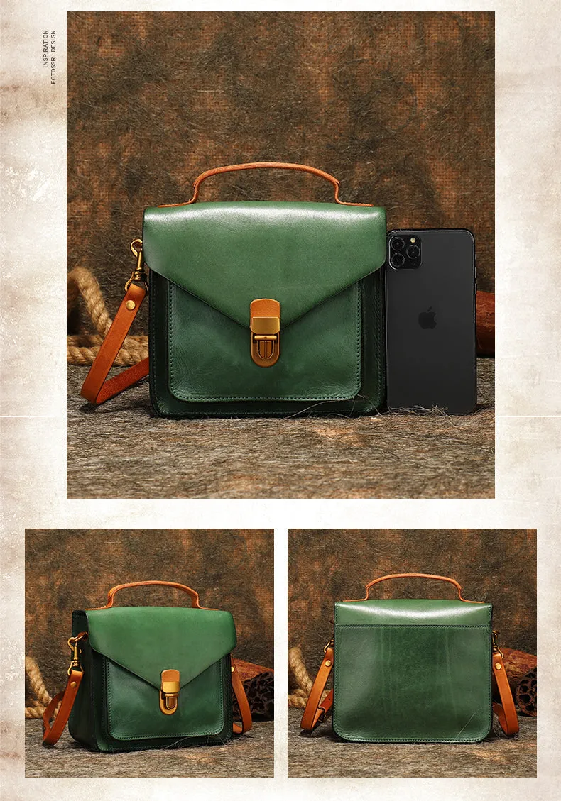 Vintage Leather Womens Square Satchels Shoulder Bags School Crossbody Purse for Women