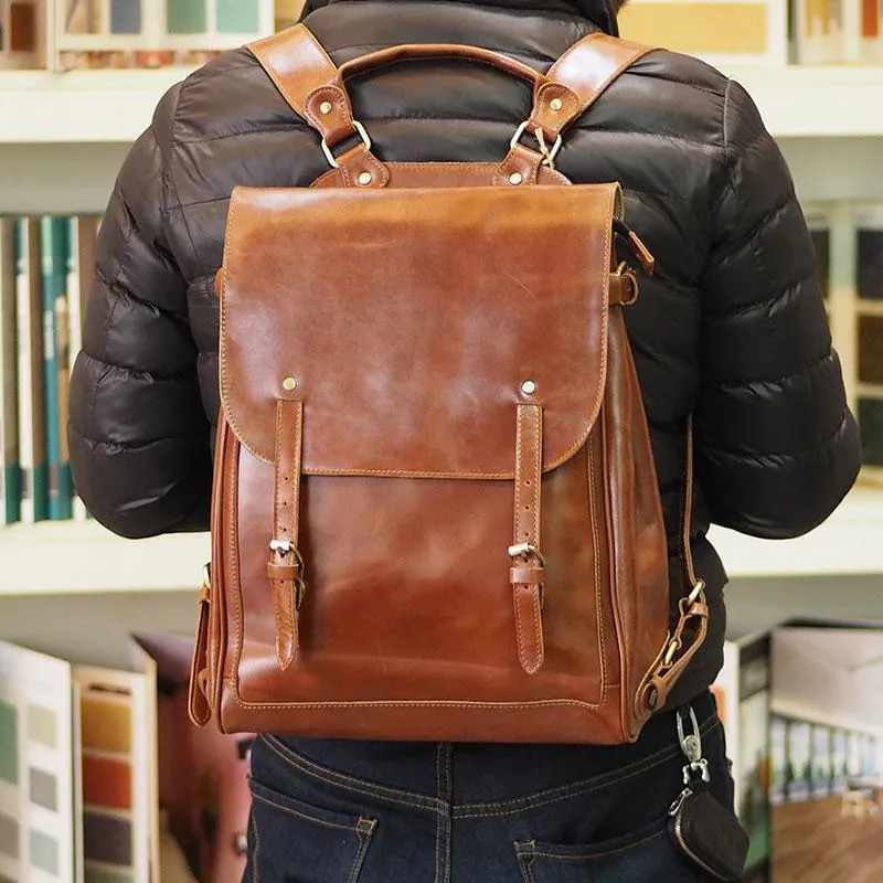 Vintage Mens Leather 15inch Laptop Backpack Leather School Backpack Travel Backpack for Men