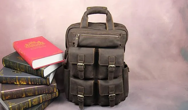 Vintage Mens Leather Large Laptop Backpack Travel Backpack Leather School Backpacks for Men