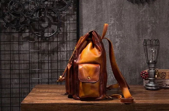 Vintage Mens Leather School Backpack Travel Backpack Leather Hiking Backpack for Men