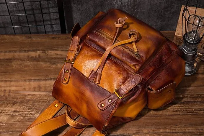 Vintage Mens Leather School Backpack Travel Backpack Leather Hiking Backpack for Men