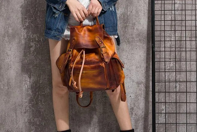Vintage Mens Leather School Backpack Travel Backpack Leather Hiking Backpack for Men