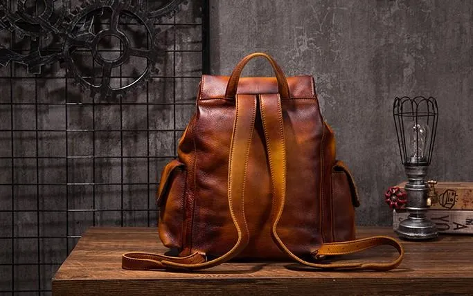 Vintage Mens Leather School Backpack Travel Backpack Leather Hiking Backpack for Men