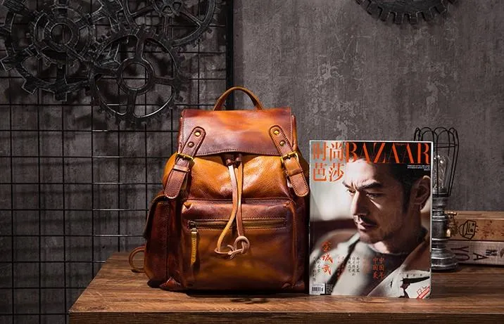 Vintage Mens Leather School Backpack Travel Backpack Leather Hiking Backpack for Men
