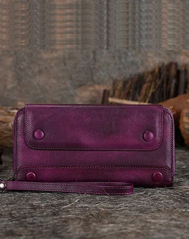 Vintage Red Leather Wristlet Wallets Womens Zip Around Wallet Ladies Bifold Clutch Wallet for Women