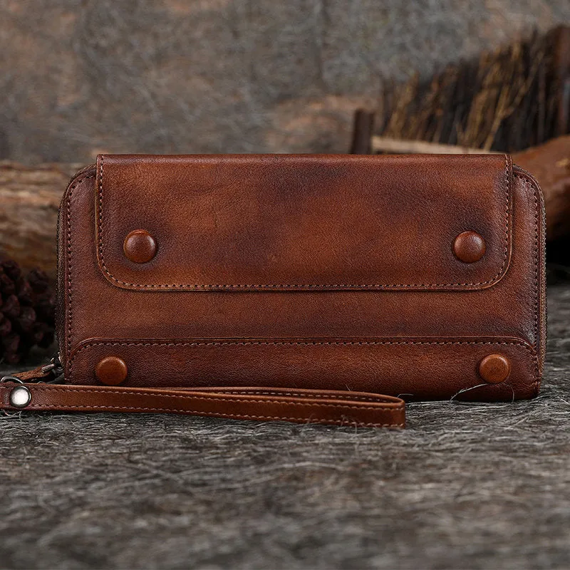 Vintage Red Leather Wristlet Wallets Womens Zip Around Wallet Ladies Bifold Clutch Wallet for Women